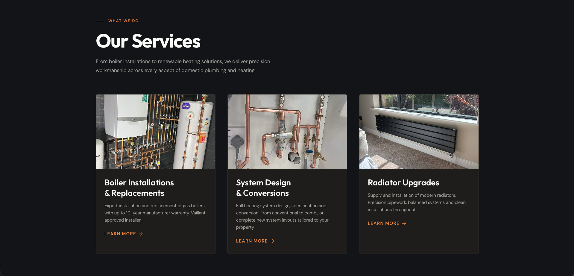 Quadrant Plumbing website, section below the hero