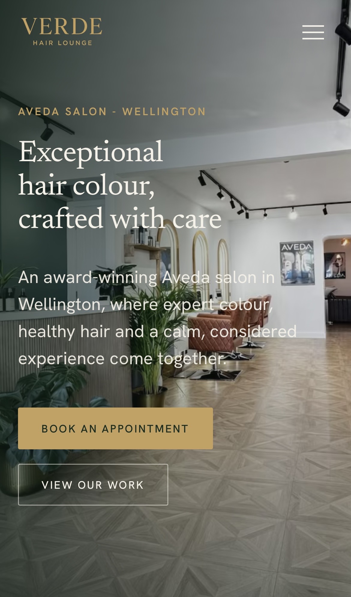 Verde Hair Lounge mobile site, hero