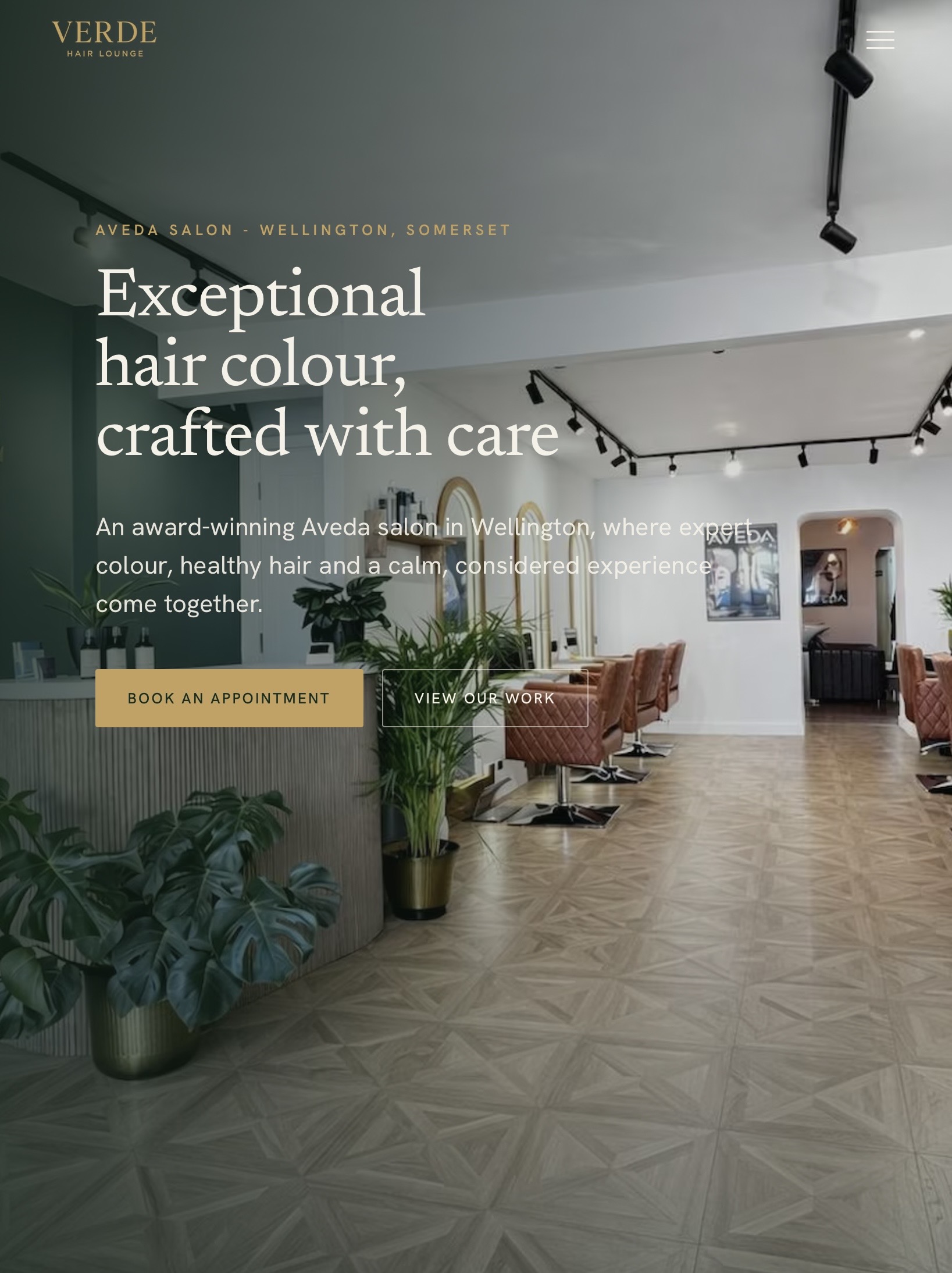 Verde Hair Lounge tablet site, hero
