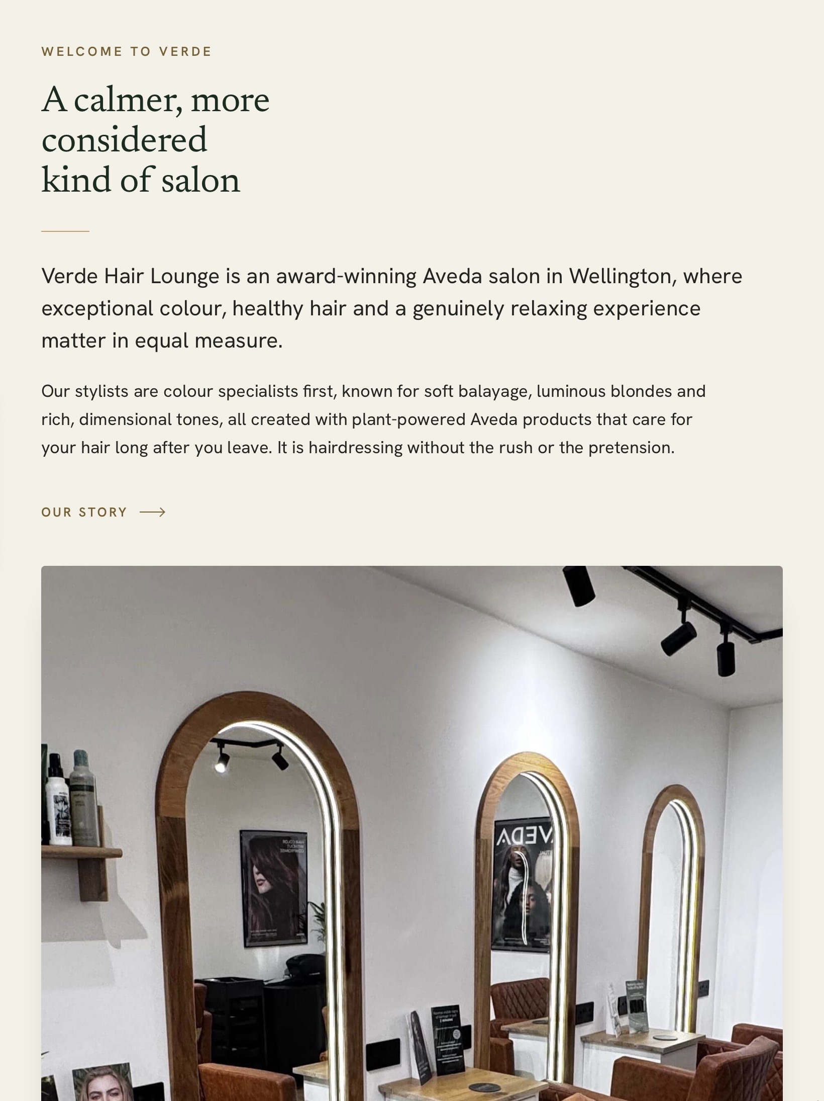 Verde Hair Lounge tablet site, below the hero