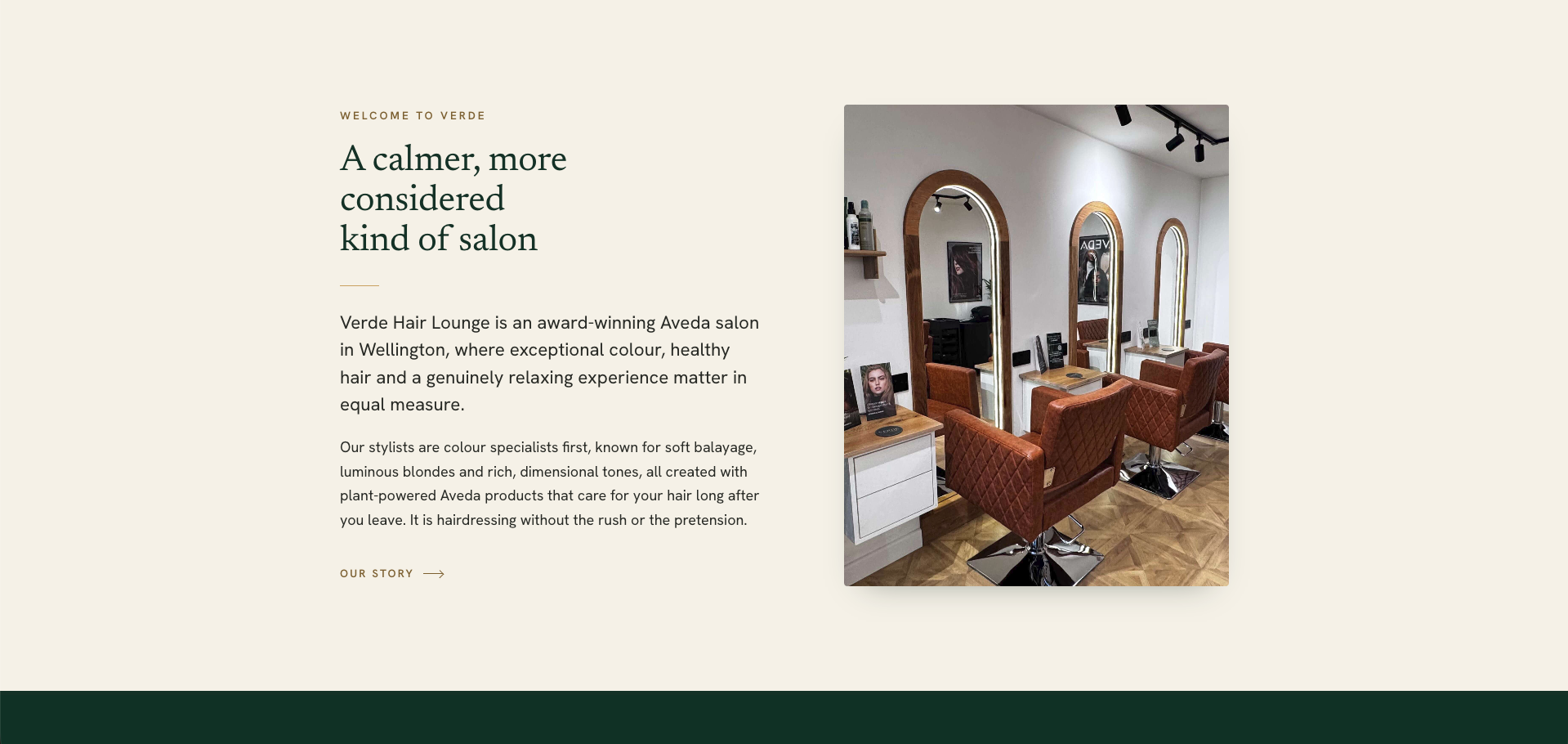 Verde Hair Lounge website, section below the hero